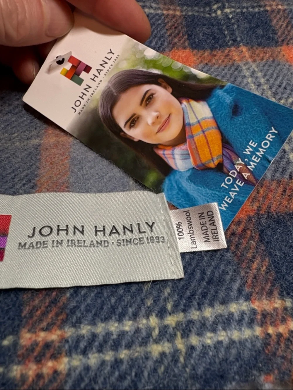 John Hanly NWT Navy & Orange Plaid Lambswool Scarf 11” x 56”